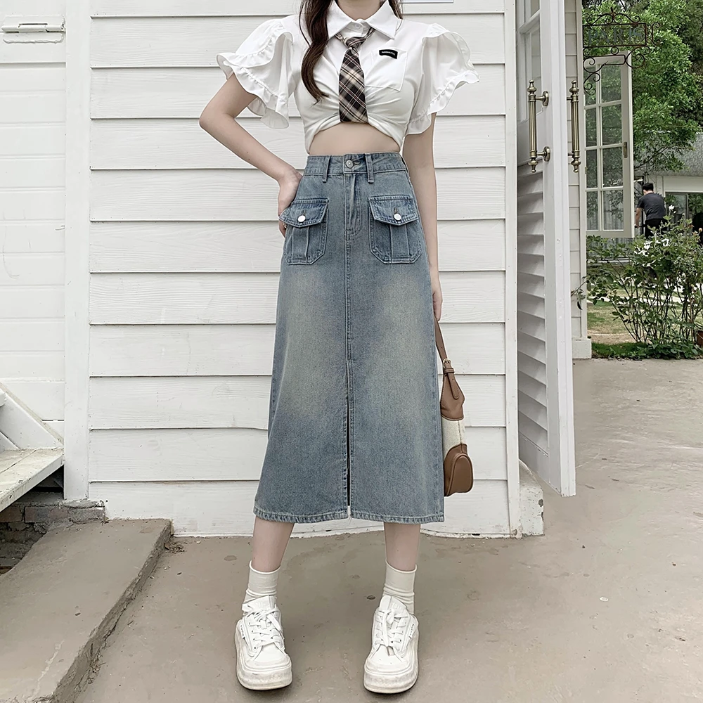 1963  H夏装新款胖妹妹显瘦牛仔半身裙百搭休闲A字裙T8