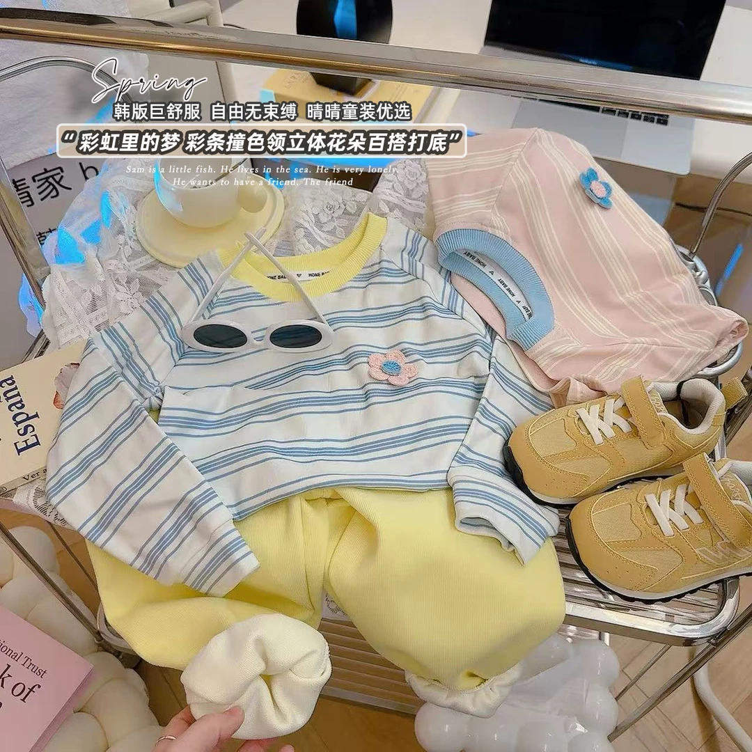 女童长袖T恤春秋款2025新款洋气儿童装春季条纹长袖宝宝春装潮