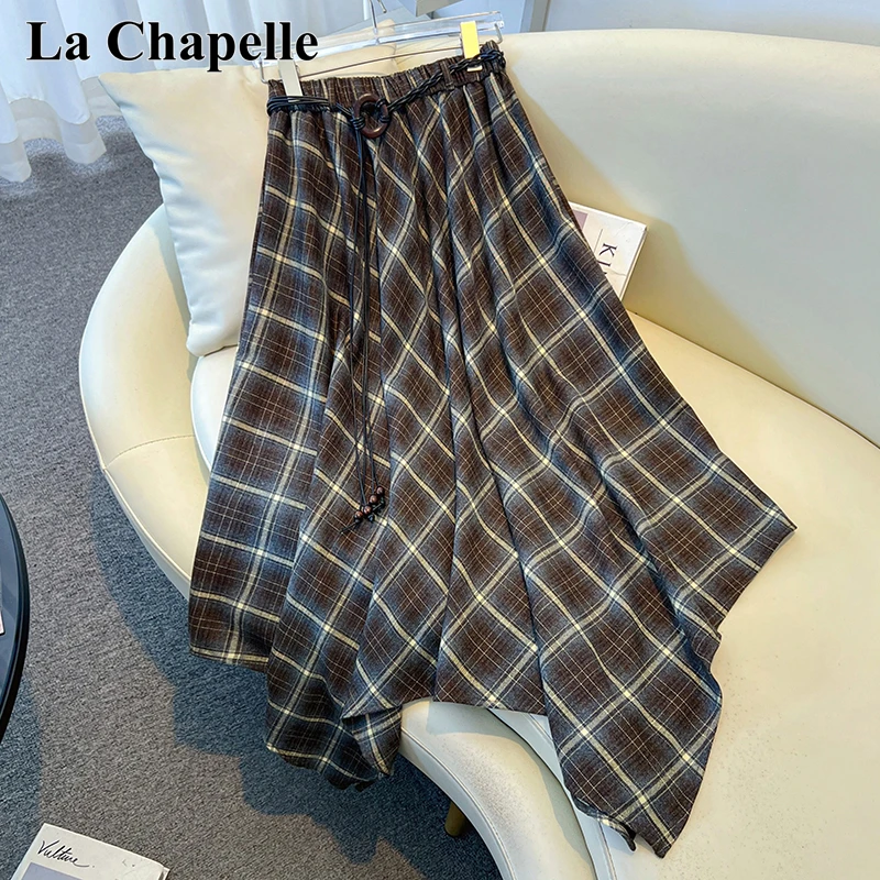 拉夏贝尔复古不规则格子百搭时尚半身裙女秋季新款高腰显瘦a字裙