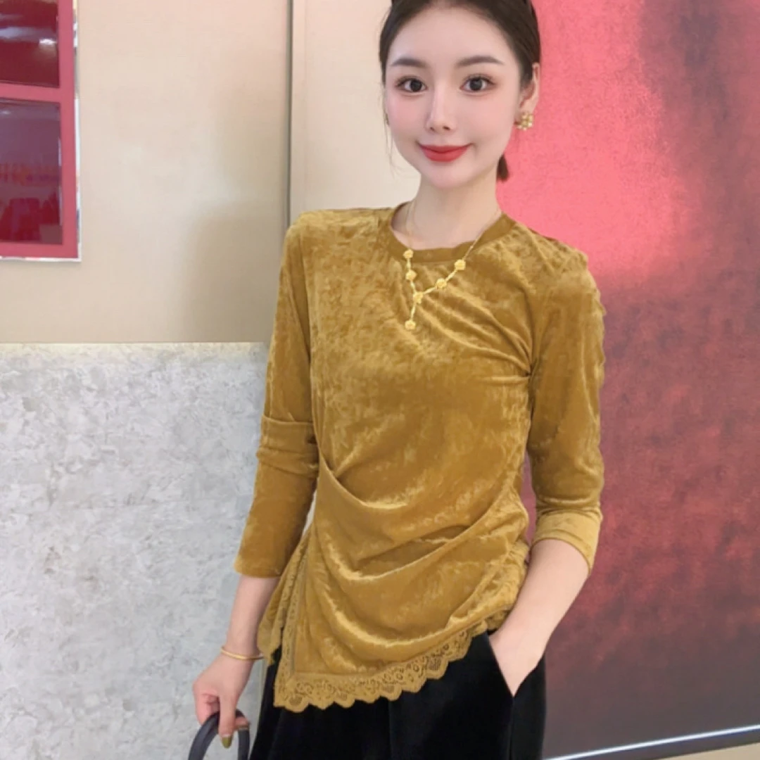 丝绒蕾丝打底衫气质收腰显瘦长袖秋装新款2025秋冬女