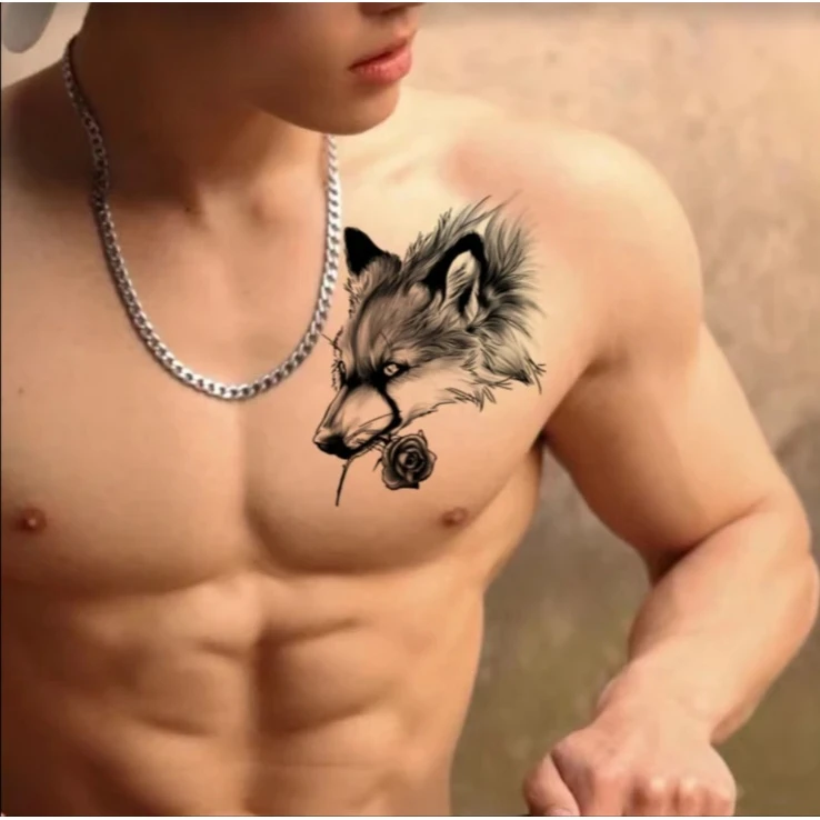 S滴血狼头纹身贴纸】男草本果汁手臂胸风暗黑系风果汁持久逼真刺青