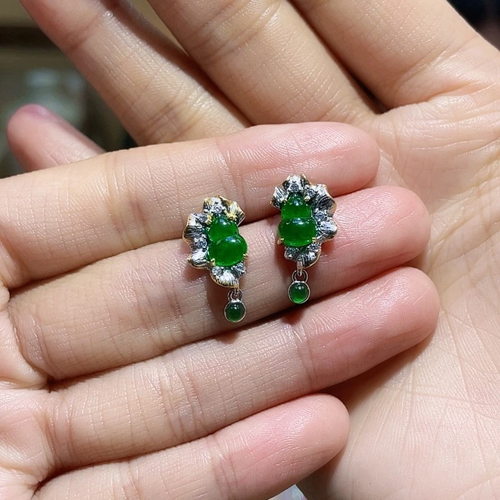 翡翠银S925镶嵌耳饰天然翡翠耳钉