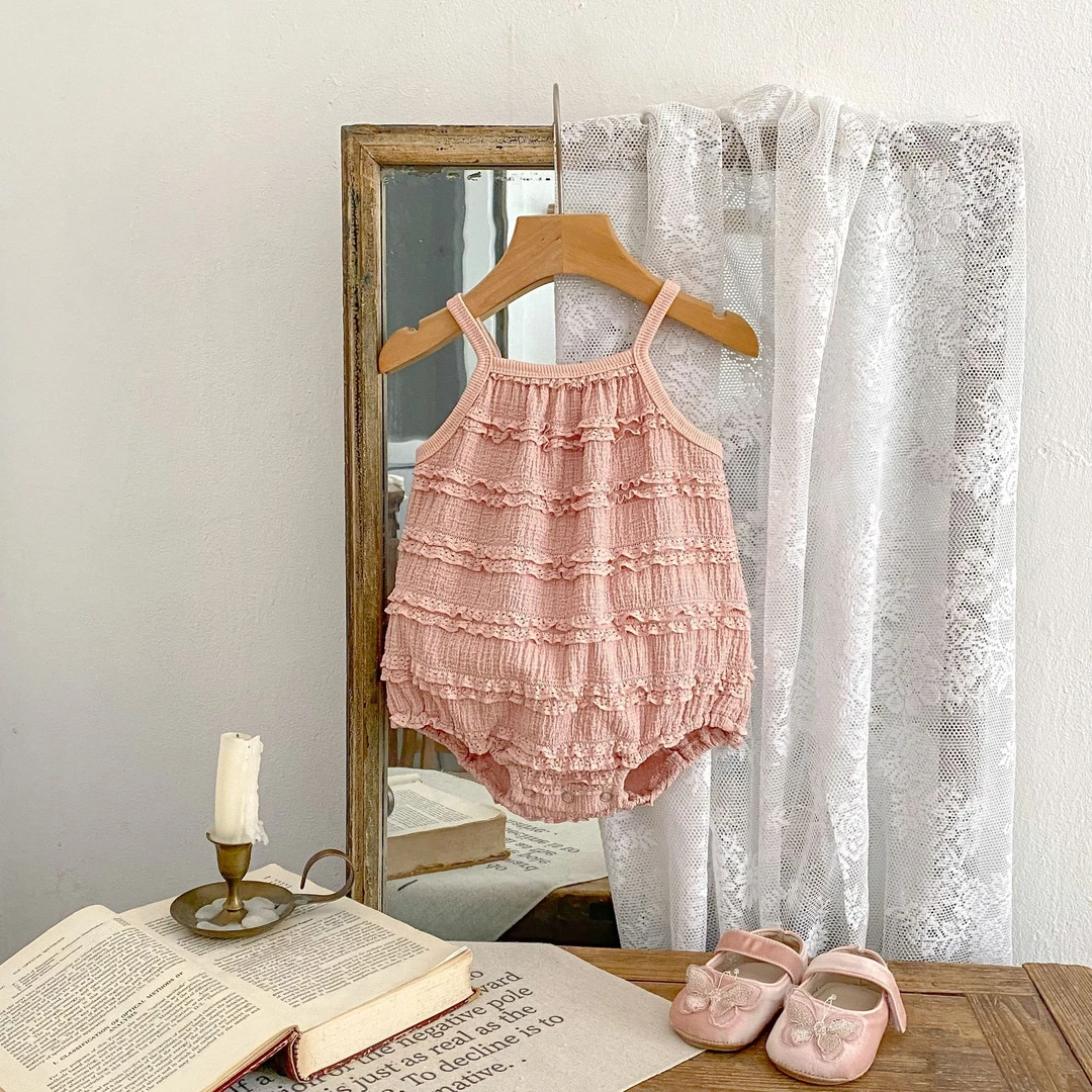 宝宝衣服夏装超萌牛百叶蕾丝吊带哈衣女宝宝夏季小公主包屁衣