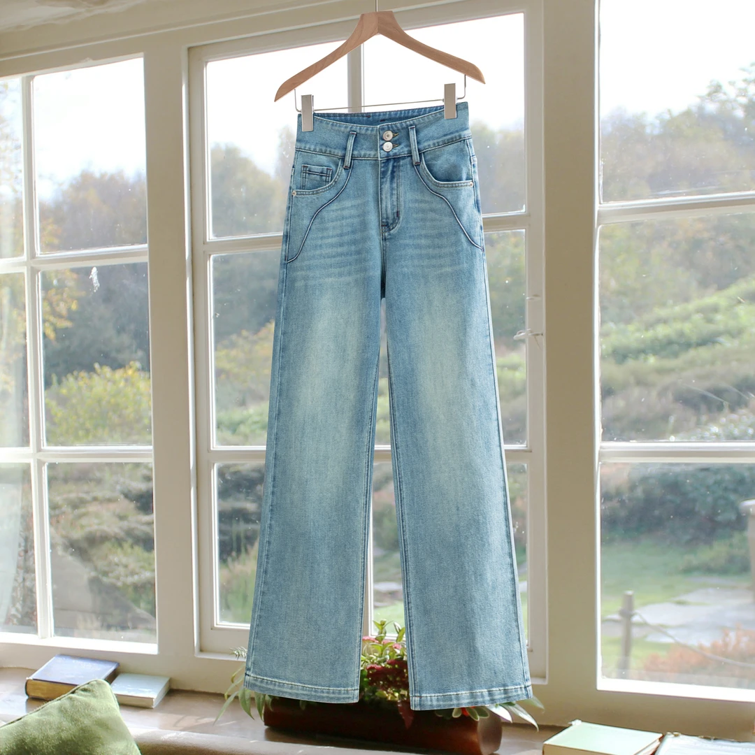 【G·H】秋季新款爆款崧蓝双排扣高级设计显瘦中高腰窄版直筒牛仔裤