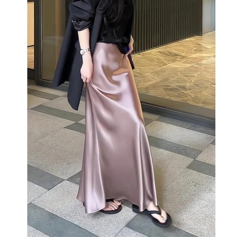 缎面醋酸丝滑半身裙女早夏2025新款高腰包臀鱼尾冰丝中长款A字裙