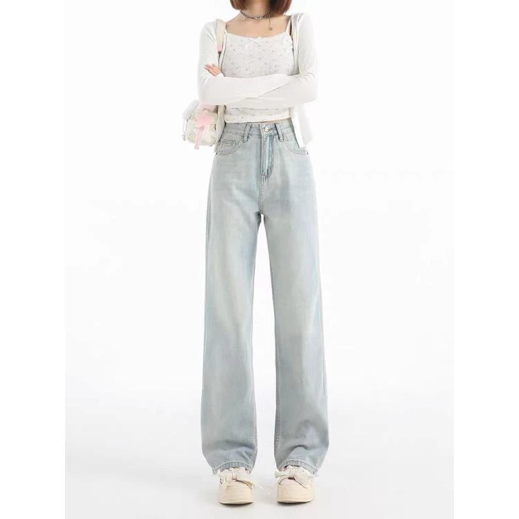 夏款（冰蓝）高腰显瘦遮肉百搭窄版阔腿牛仔裤