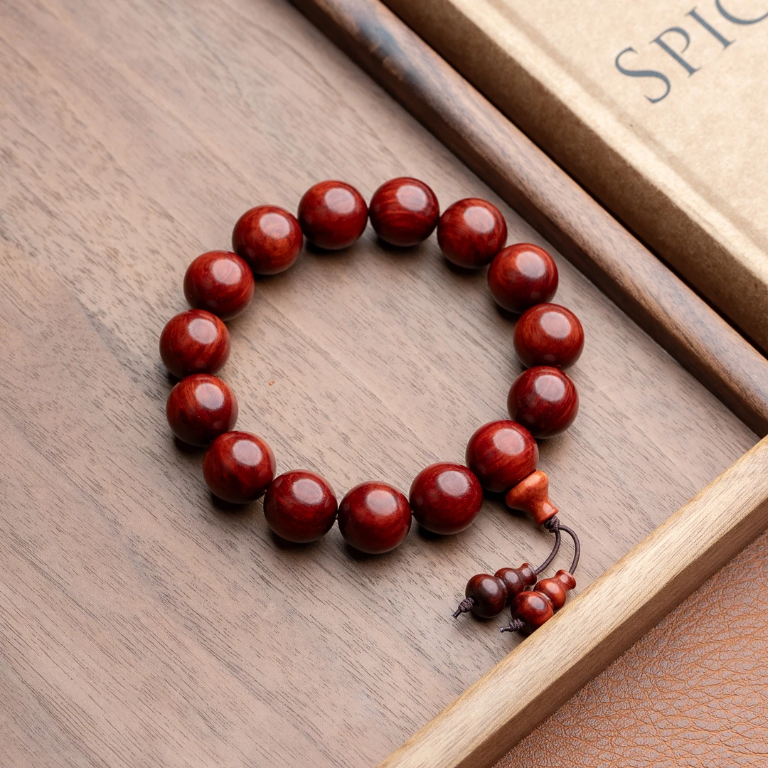 【鸡血红】小叶紫檀15mm单圈手串素串圆珠葫芦简约设计手串百搭