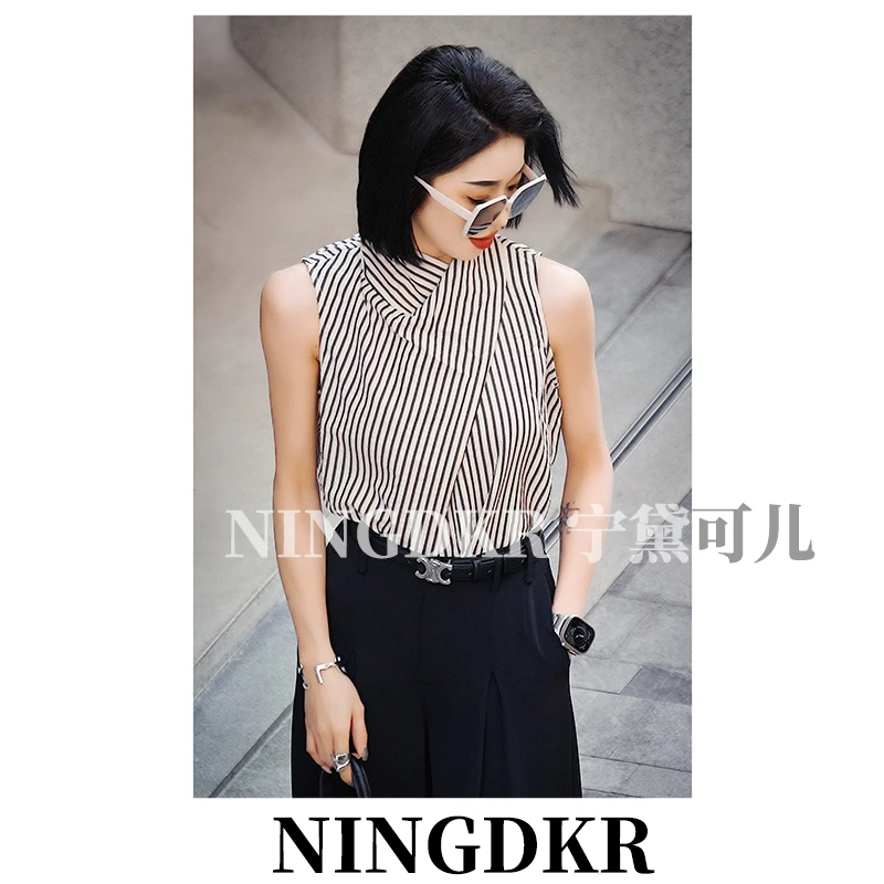 宁B40226轻奢高级感挂脖无袖上衣女洋气衣服显瘦复古条纹衬衫女
