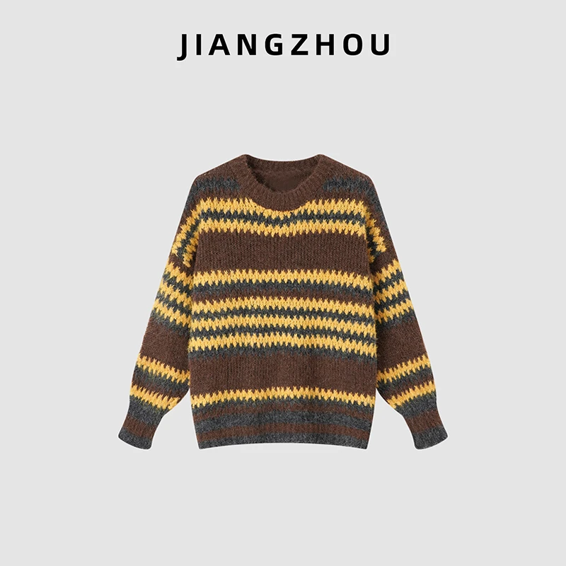 江洲【知意】冬季新款撞色条纹毛衣慵懒宽松圆领套头针织衫
