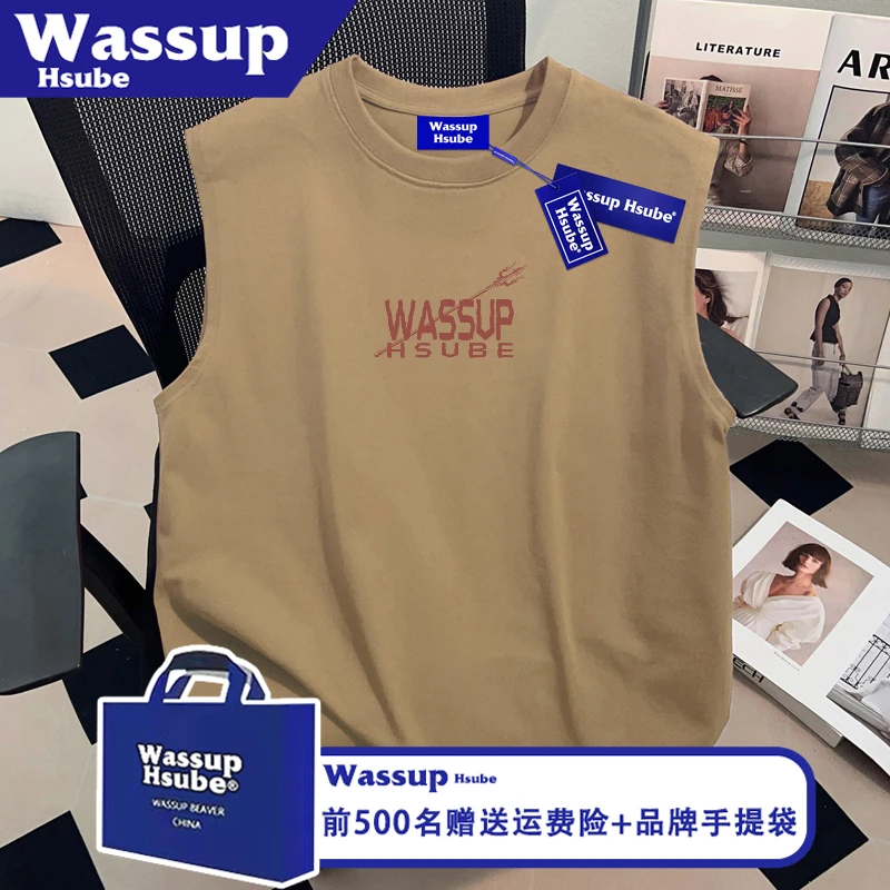 WASSUP HSUBE夏100%纯棉男女T恤ins字母印花无袖背心卡其宽松上衣
