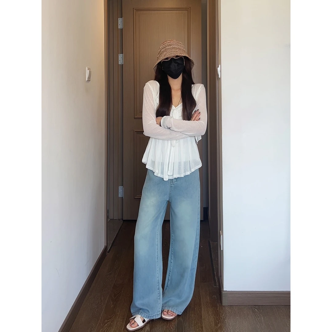 【阔腿】初秋浅色莱赛尔天丝牛仔裤女新款高腰宽松直筒拖地裤