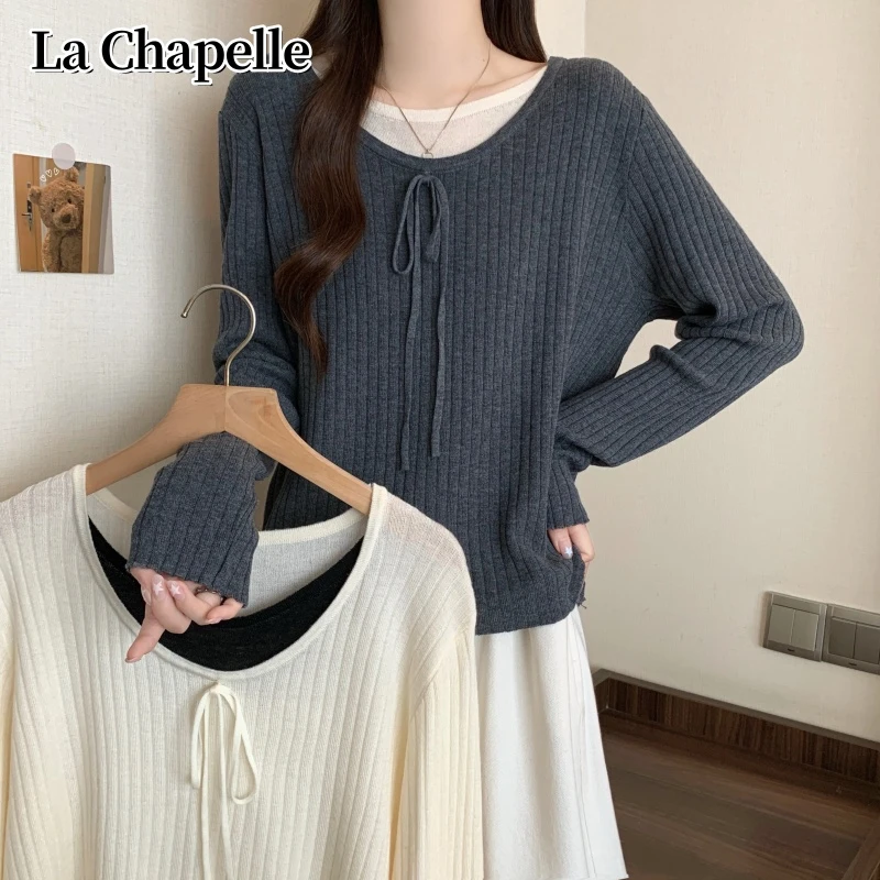 拉夏贝尔2025早秋新款大码女士胖MM宽松V领减龄针织衫上衣打底衫