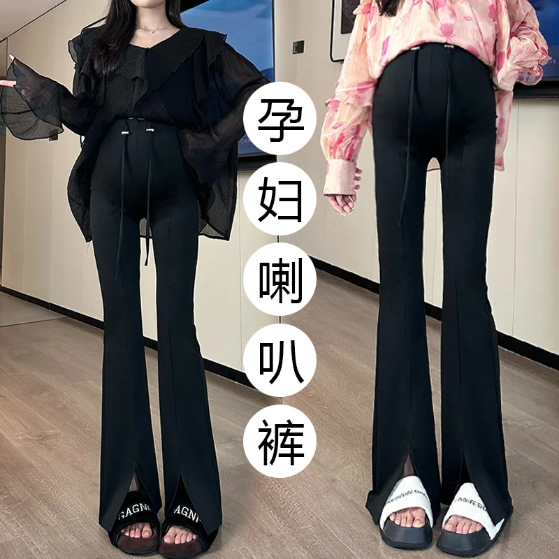 春季抽绳孕妇微喇叭裤2025春夏款高腰时尚开叉外穿百搭阔腿瑜伽裤