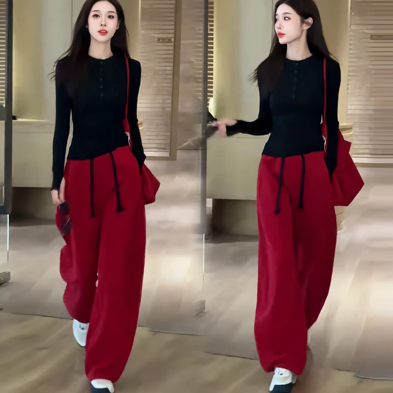 时尚套装女修身秋季新款长袖T恤短款上衣休闲束脚阔腿裤两件套潮