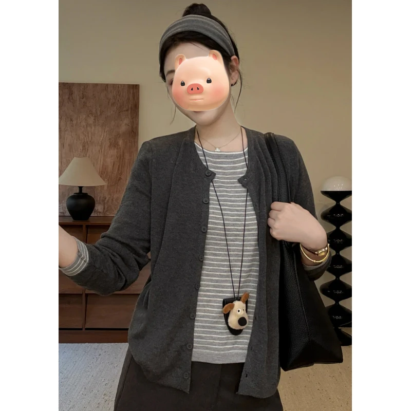 巨好看的早秋韩系氛围感撞色条纹假两件针织毛衣开衫女慵懒风上衣