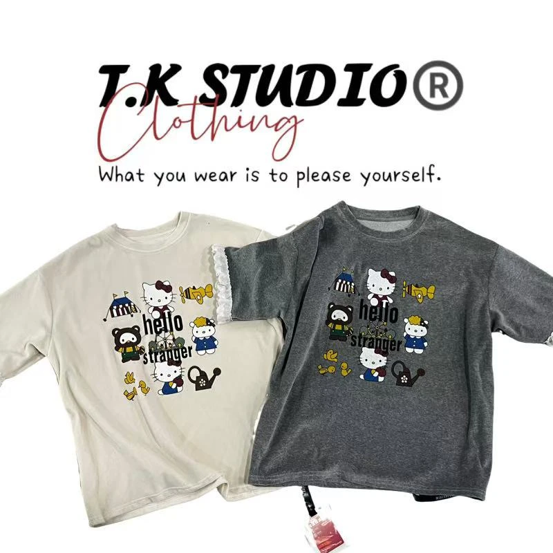 T.K<KITTY半袖>韩式拼接蕾丝印花宽松短袖T恤女休闲百搭上衣！