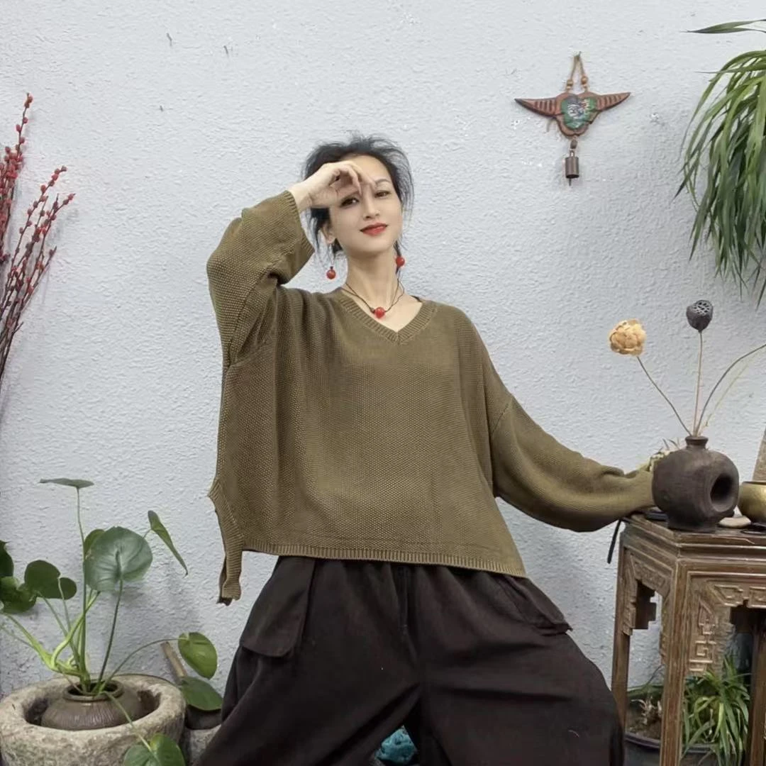 25002棉线炒色V领大版下摆飘带毛衣上衣（长53胸围168