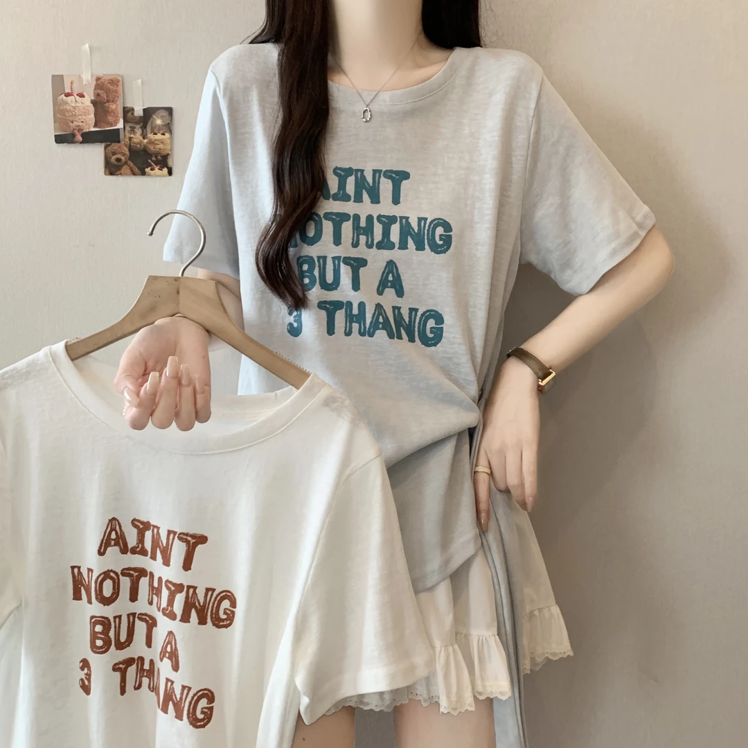 实拍2025夏季新款韩系简约字母印花绑带短袖T恤宽松显瘦减龄上衣