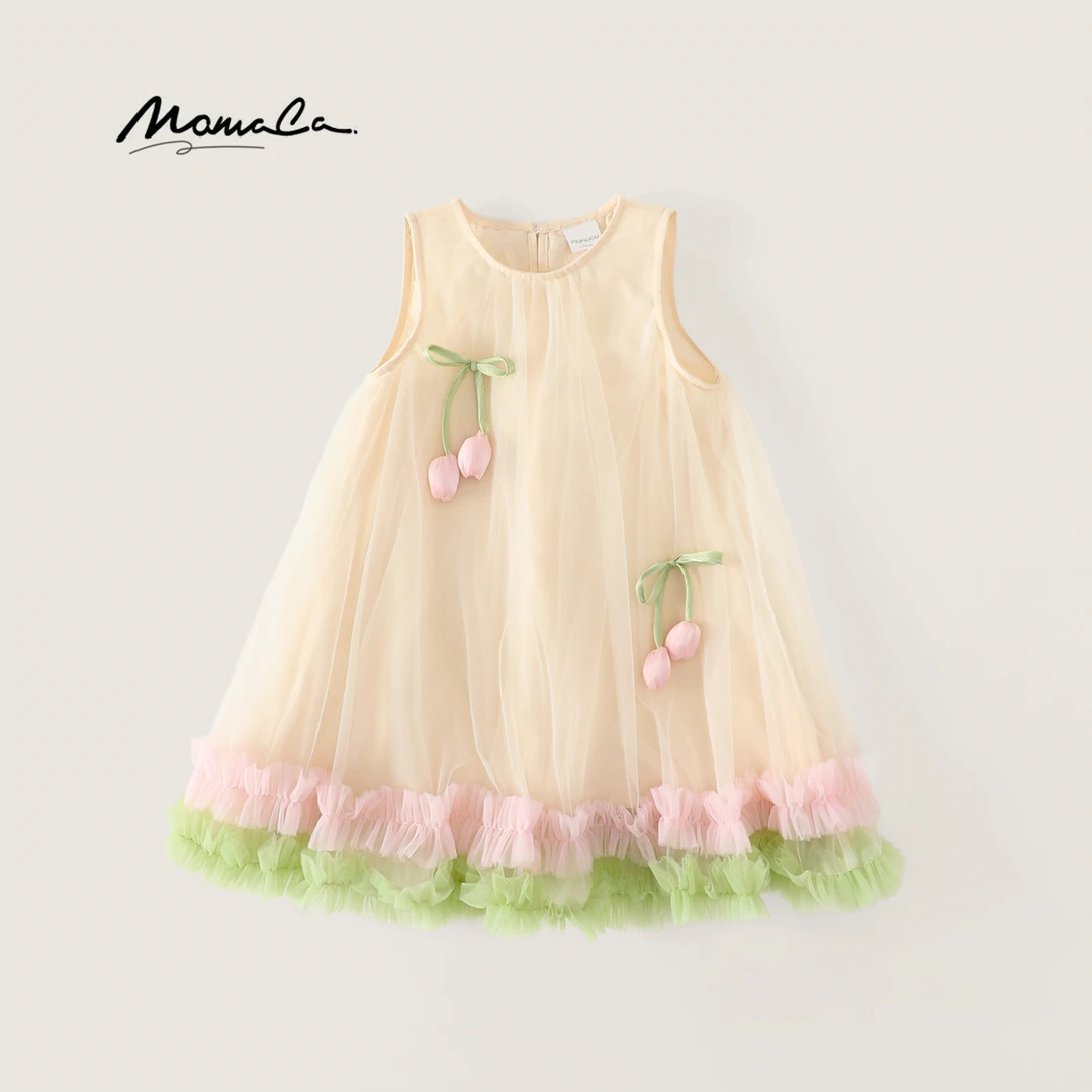 MOMOCO女童2025夏季新款纯色花朵森系无袖连衣裙77620477035