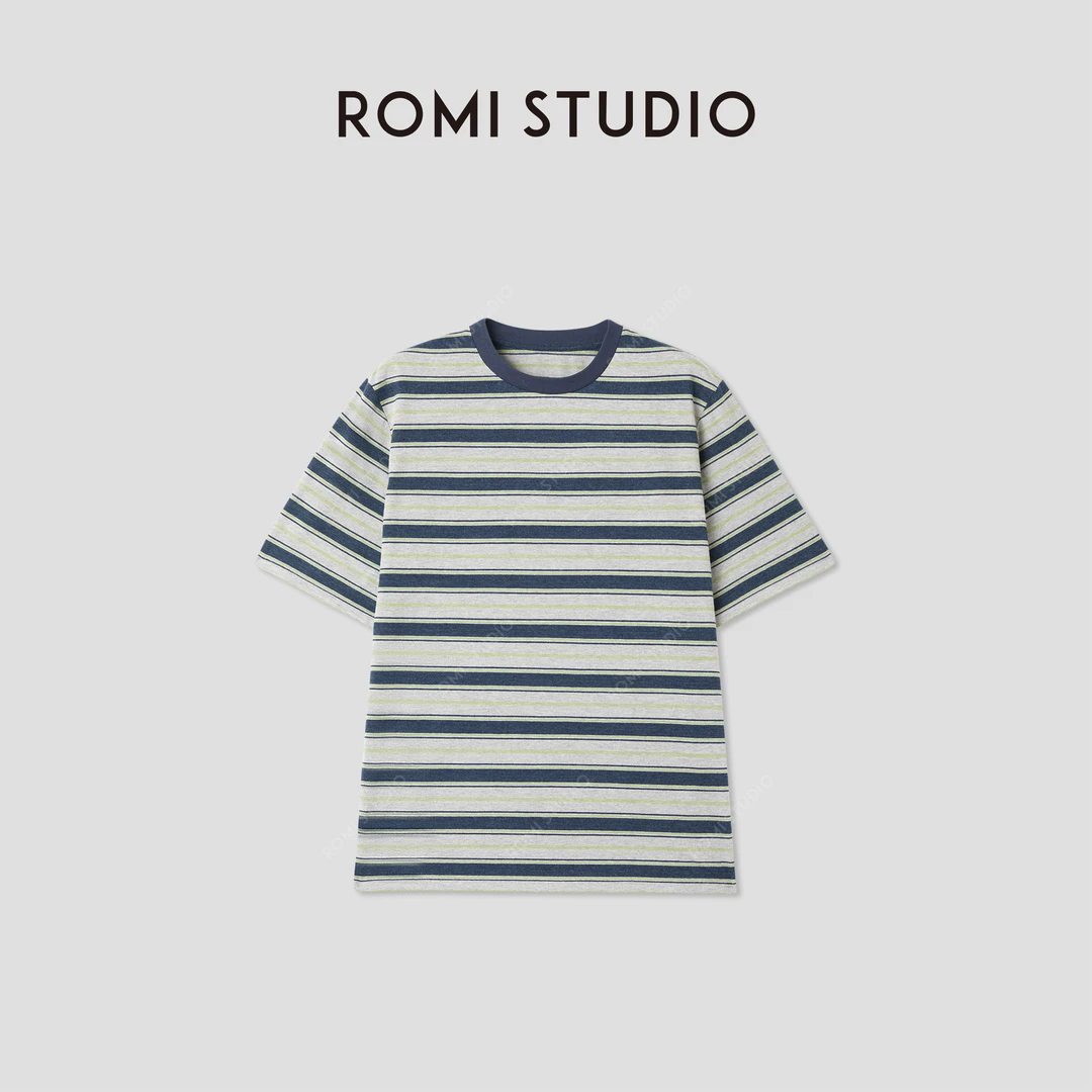 ROMI STUDIO“随性自我”宽松撞色条纹休闲棉涤短袖T恤RWCAS65324