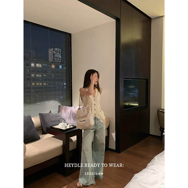 黑豆哼哼 长腿加分项*毛边设计阔腿牛仔裤女春浅蓝色百搭拖地裤子