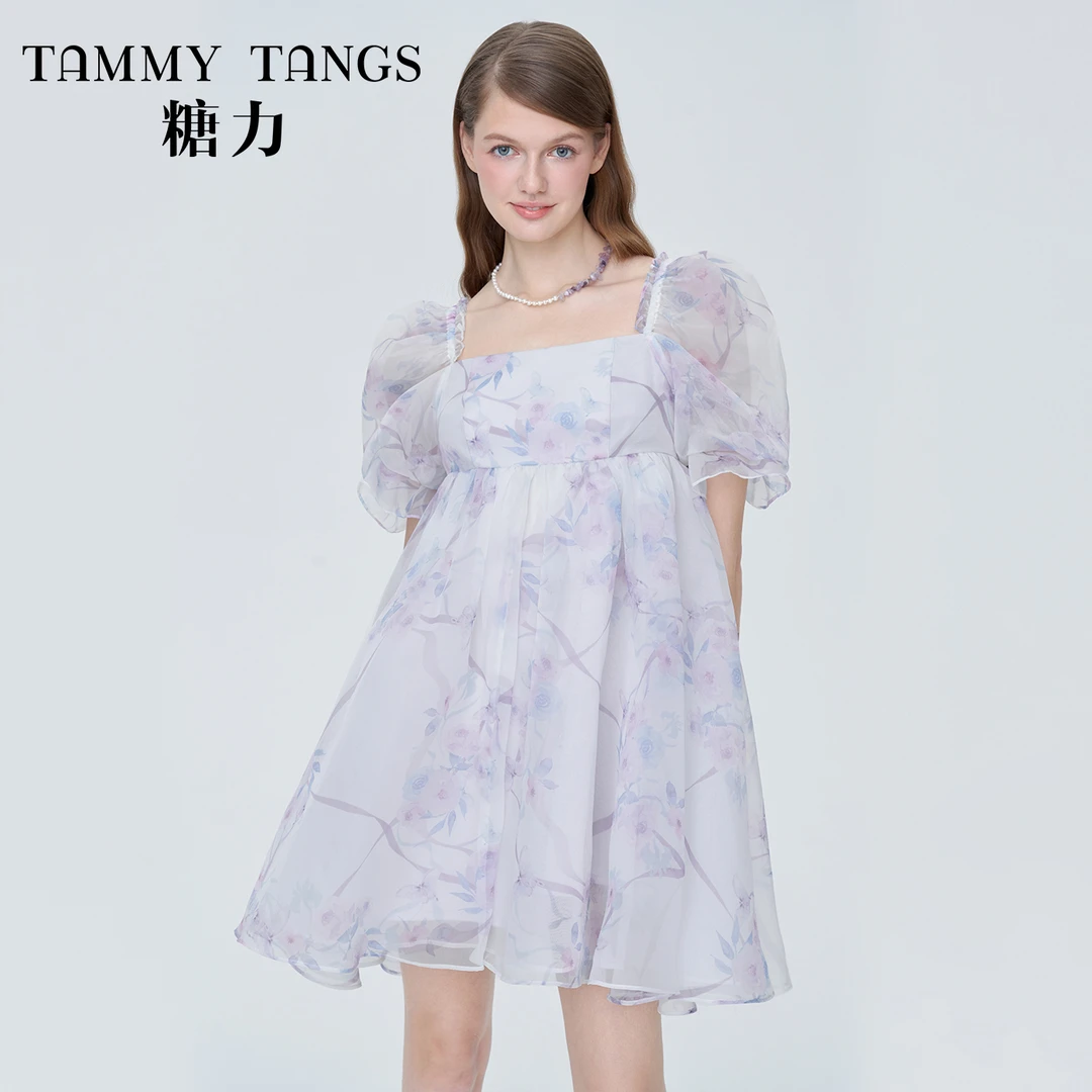 【官号专属】糖力在逃公主裙女娃娃裙短袖仙气欧根纱印花连衣裙夏