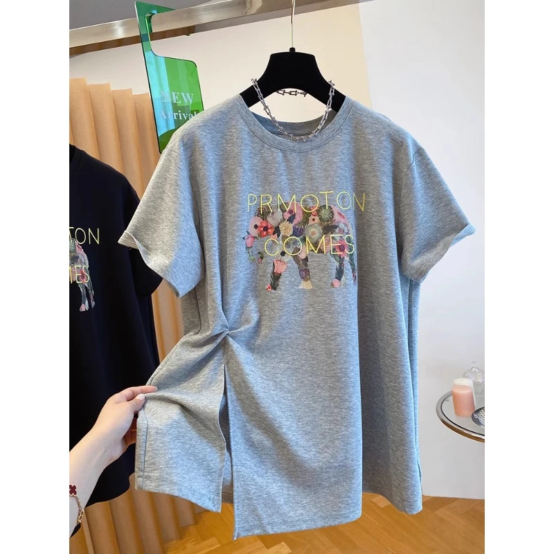 大码女装扭结设计感灰色开叉t恤女短袖夏季新款胖MM宽松圆领上衣