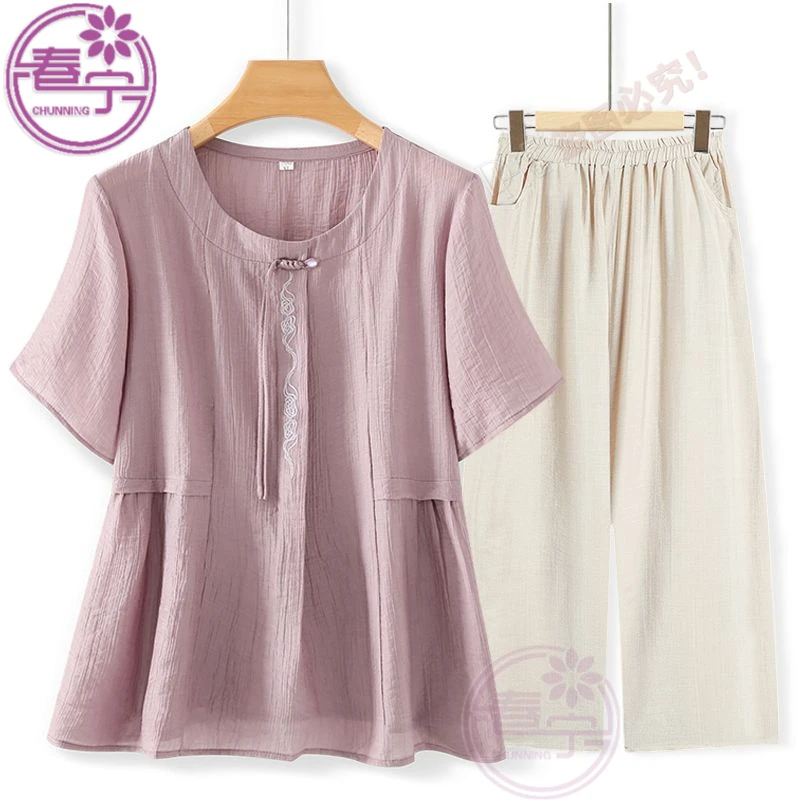 年轻妈妈装夏季短袖小衫2025新款新中式套装中老年女夏装t恤遮肉