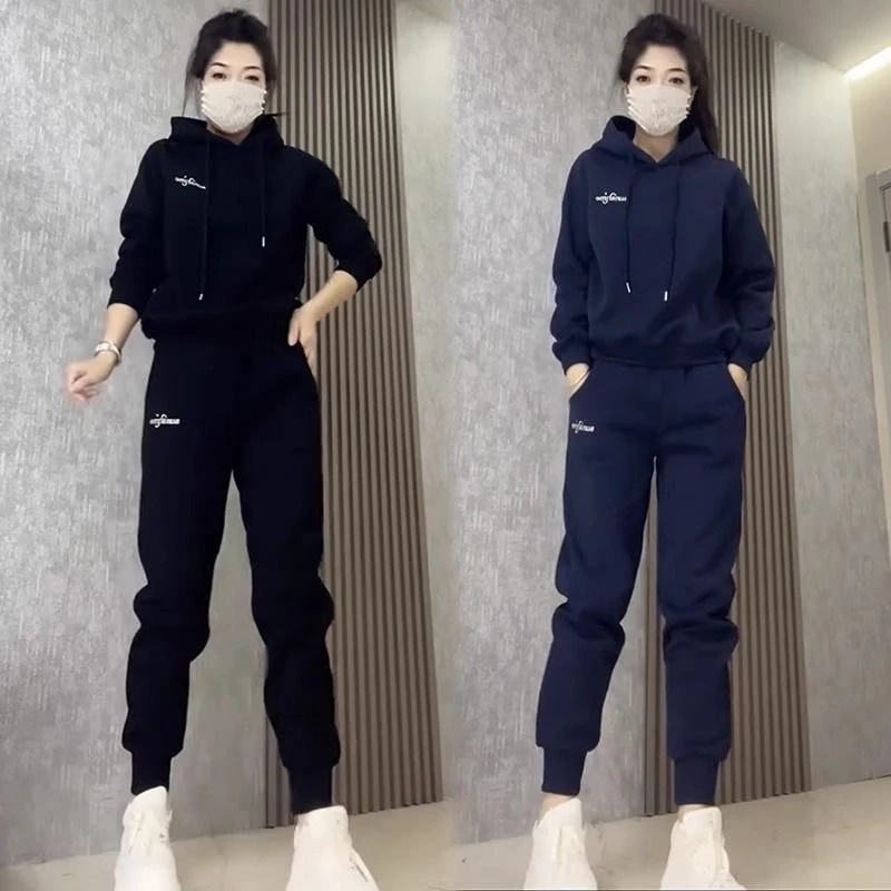 带帽加绒加厚运动服套装女2024秋冬新款时尚卫衣束腿裤两件套大码