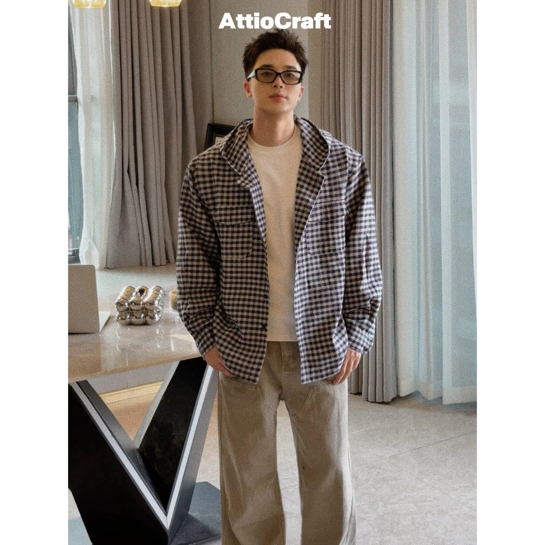 AttiCraft【老钱复古】重磅纯棉复古格纹连帽长袖衬衫男上衣2025ss