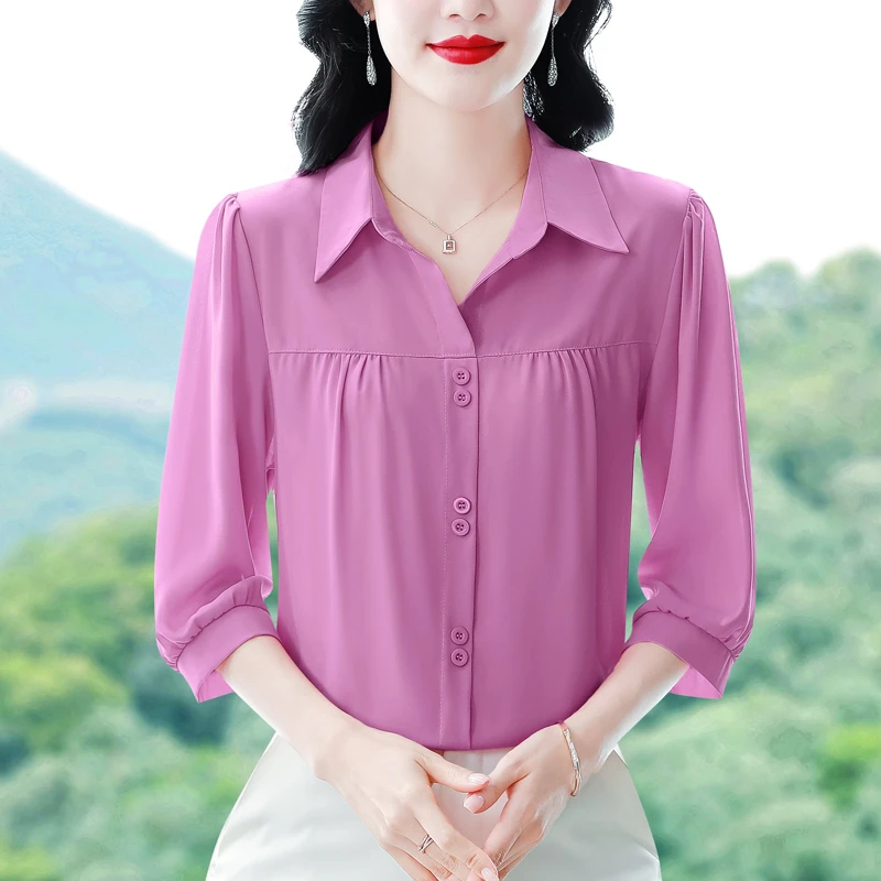 高端衬衫妈妈夏季新款洋气七分袖雪纺小衫气质减龄女士大码上衣