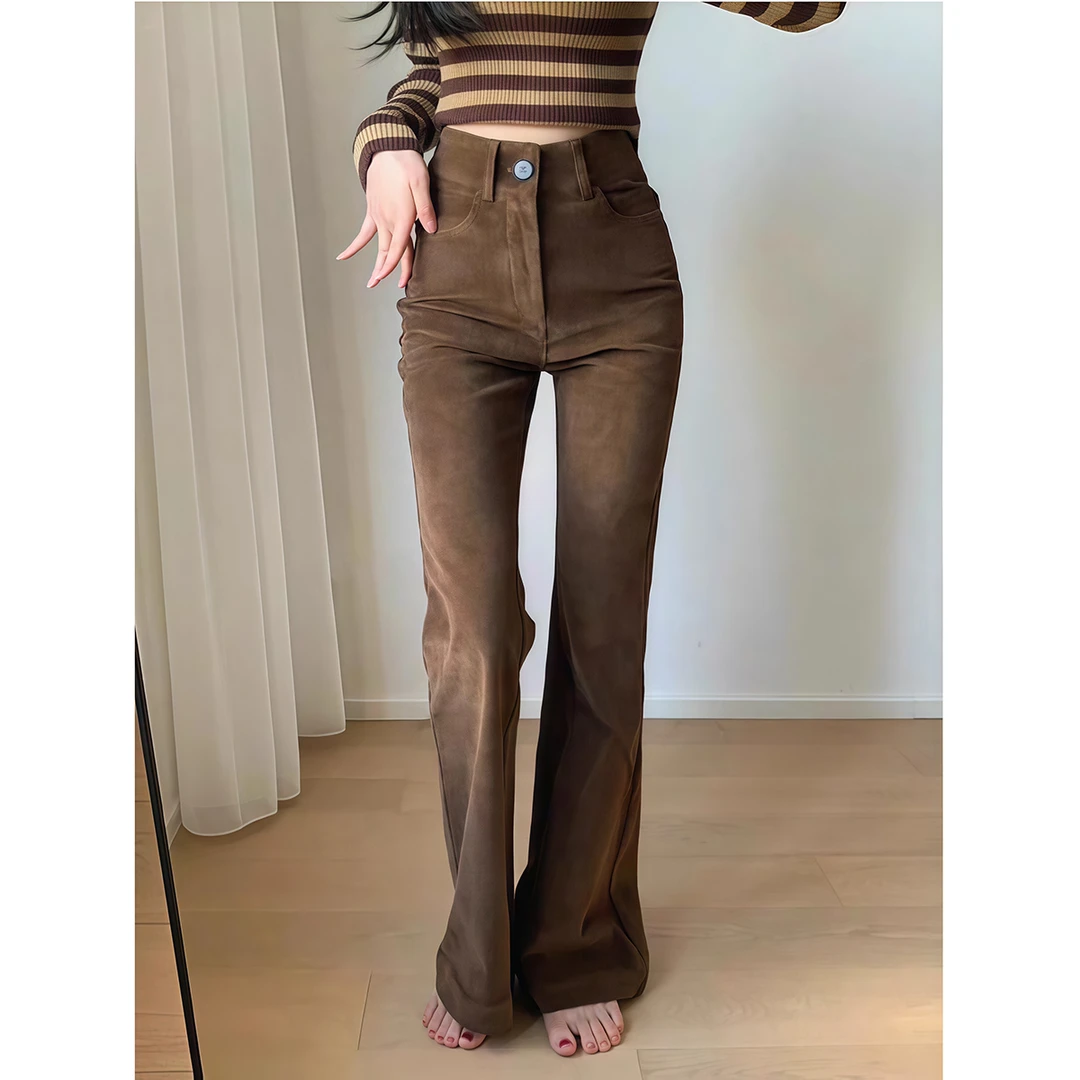 美式复古棕色灯芯绒裤子女2025春新款美拉德修身直筒微喇条绒长裤