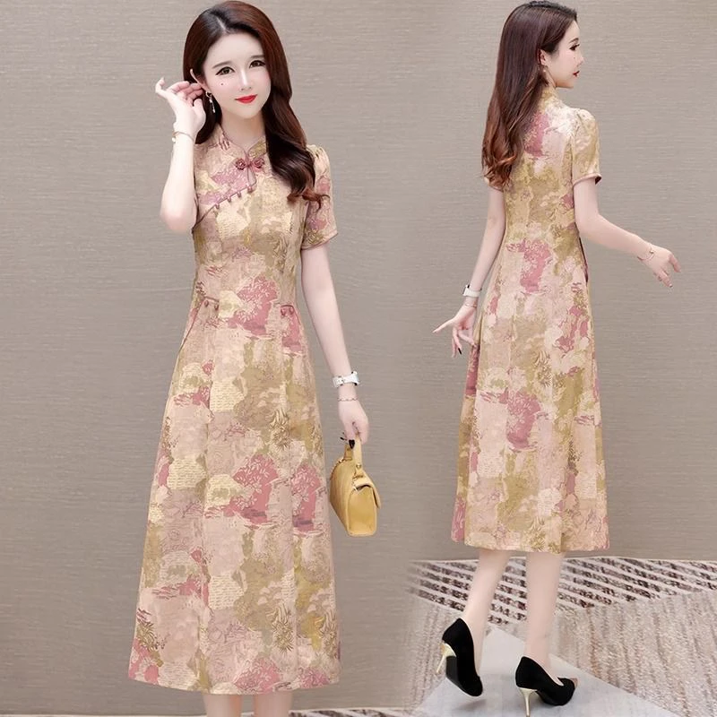 C859 连衣裙女2025年新款夏季复古立领女装中长款国风旗袍裙子