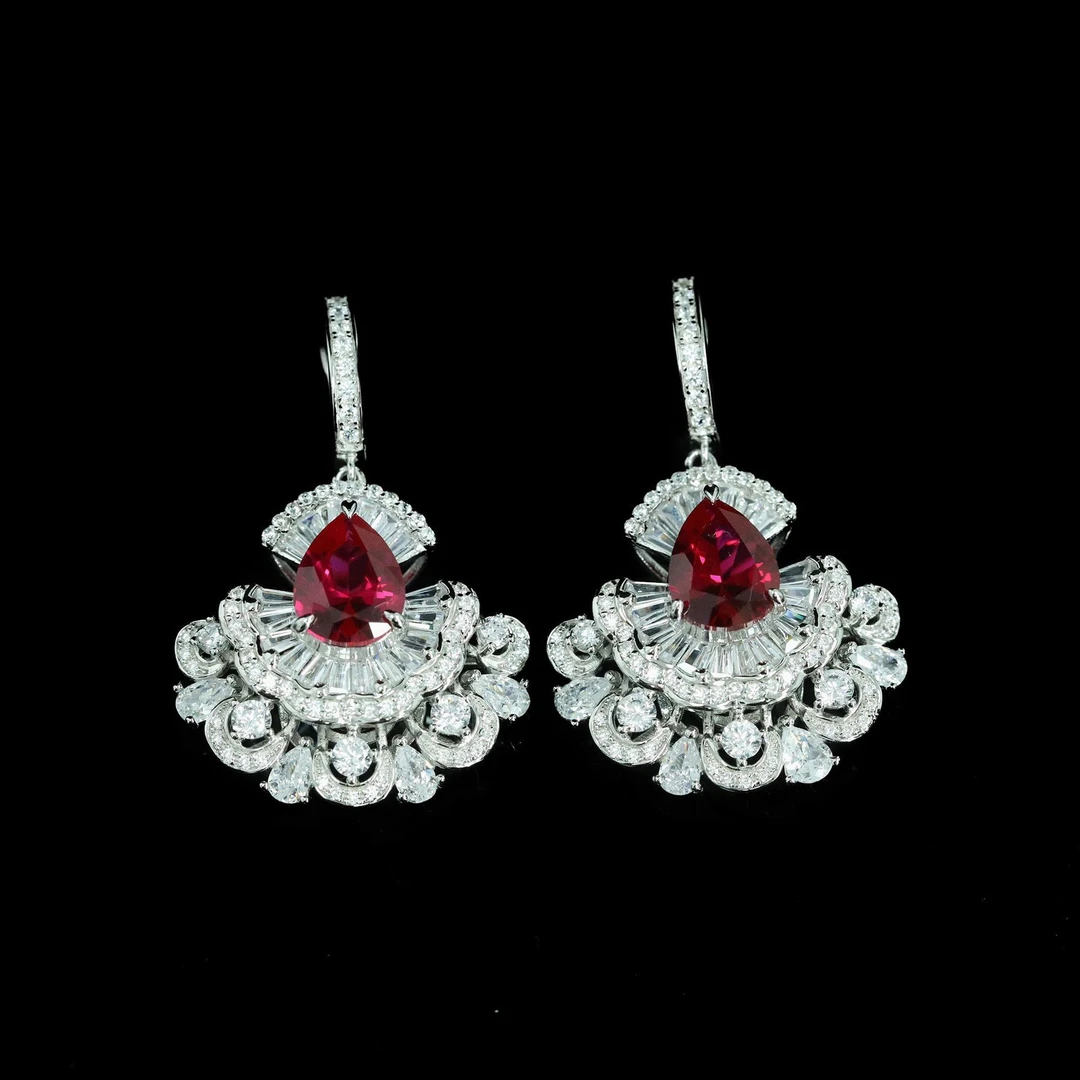 925银莫桑石耳饰 G  奢华皇家蓝鸽红扇形舞裙银耳环不掉色YJCY228