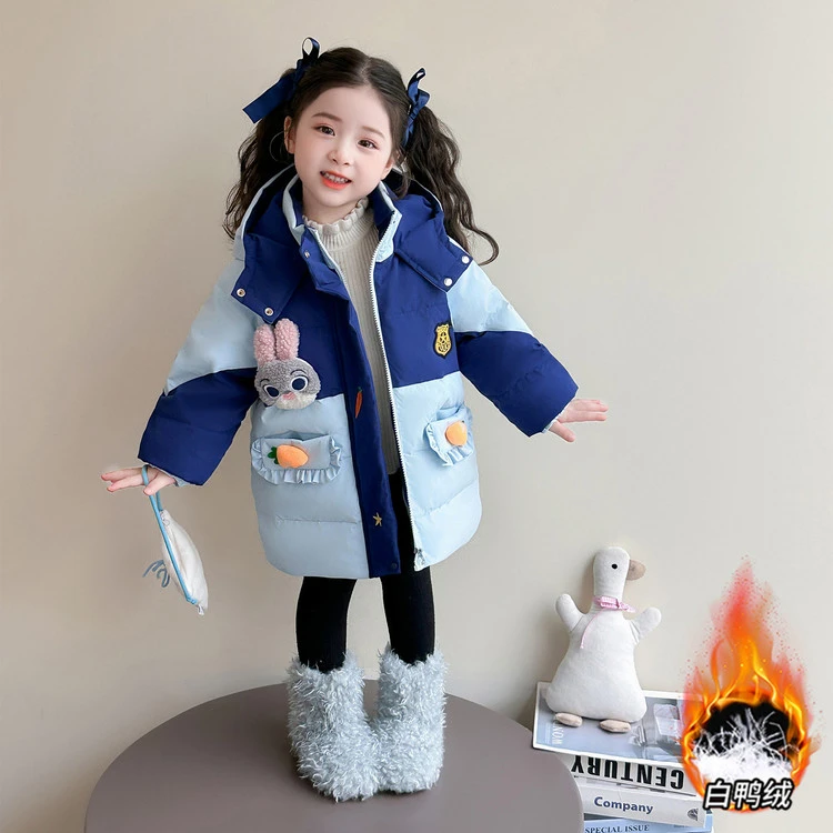 女童羽绒服冬季中长款2025新款儿童兔子警官白鸭绒外套女宝宝冬装