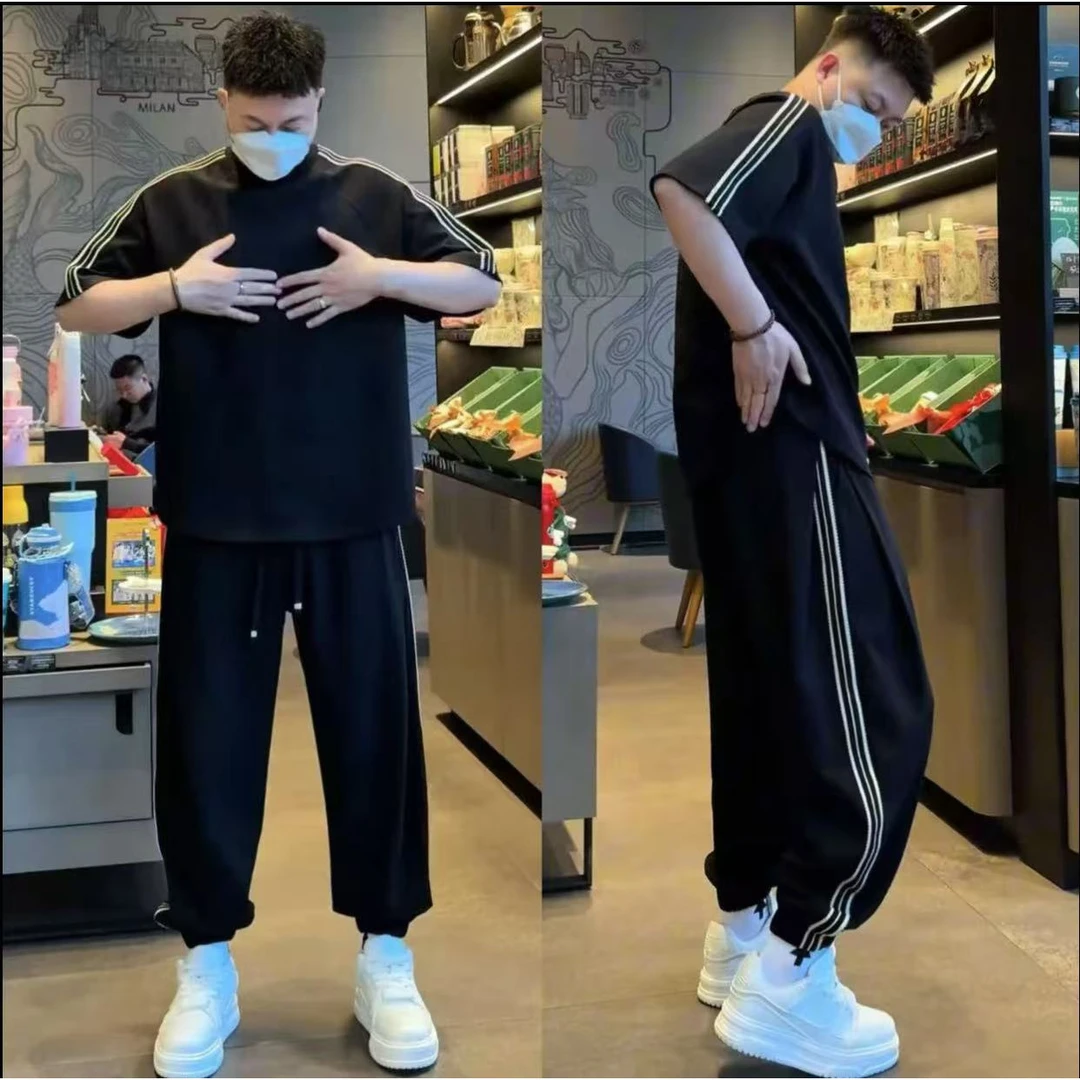 夏季新款条纹拼接哈伦套装男时尚宽松短袖束脚卫裤休闲运动两件套