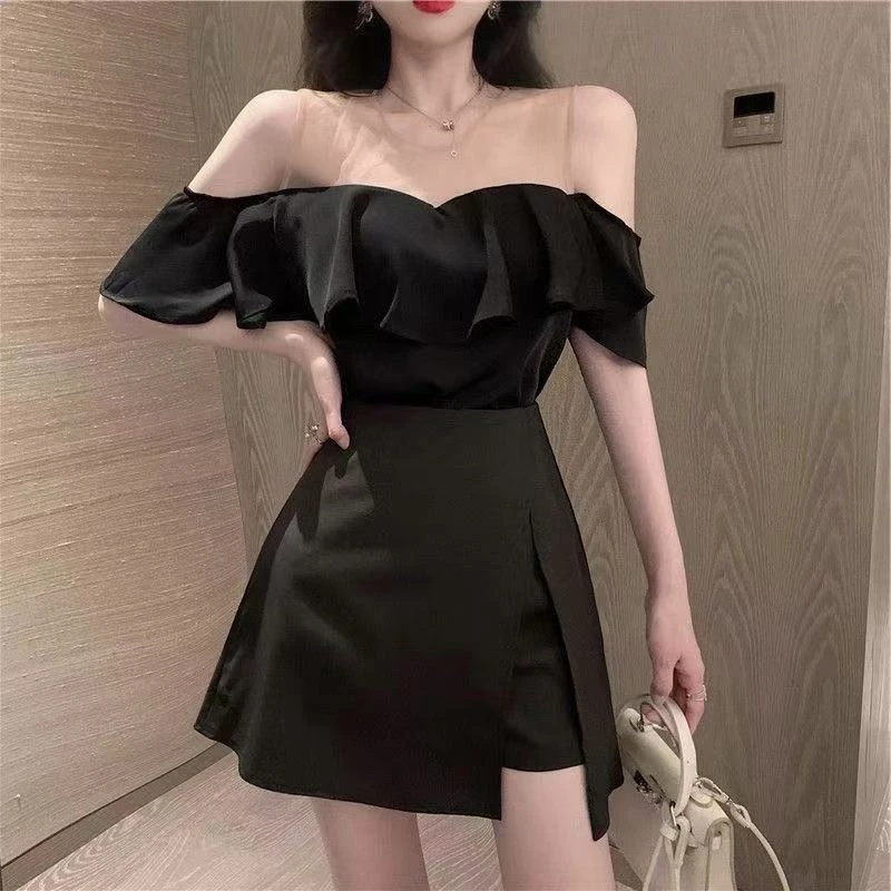 优米家大码显瘦气质两件套时尚性感辣妹短款不规则上衣裤裙套装