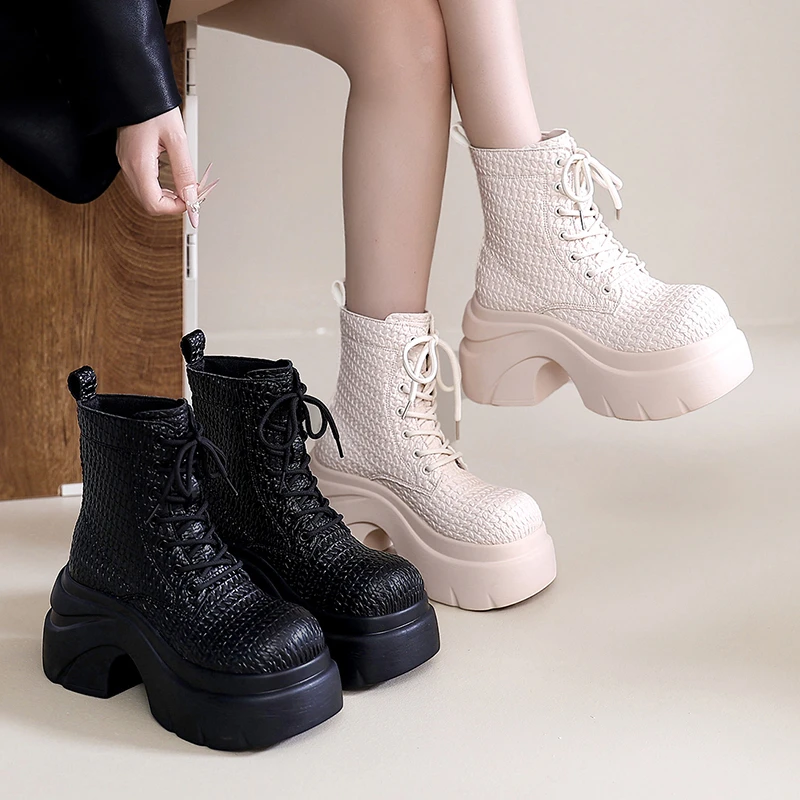 超高跟马丁靴女2025秋季新款编织皮厚底松糕系带短靴小个子机车靴