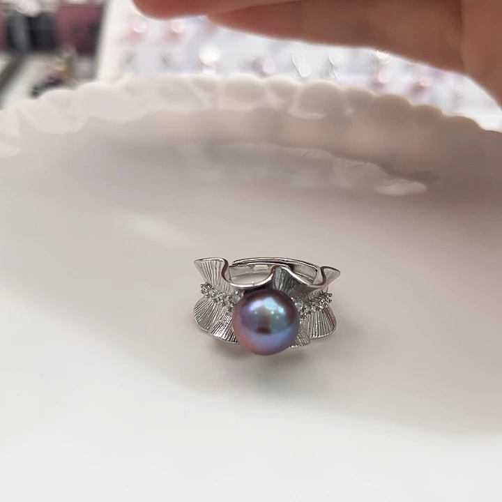 淡水珍珠新号开播福利极光彩紫戒指9.8mm银S925镶嵌