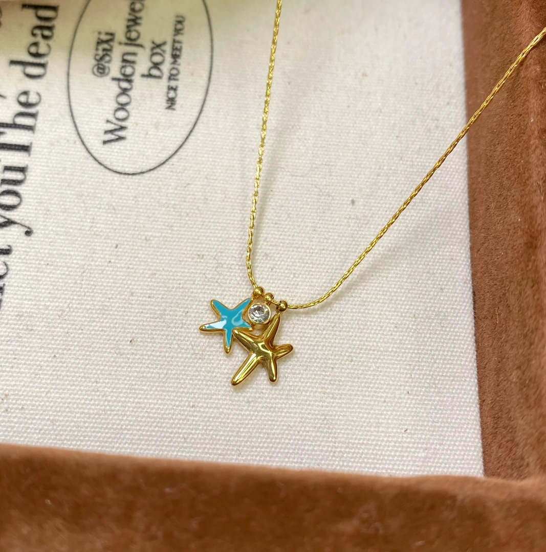 钛钢项链 春夏清新蓝色滴釉小海星项链简约百搭钛钢锁骨链8430