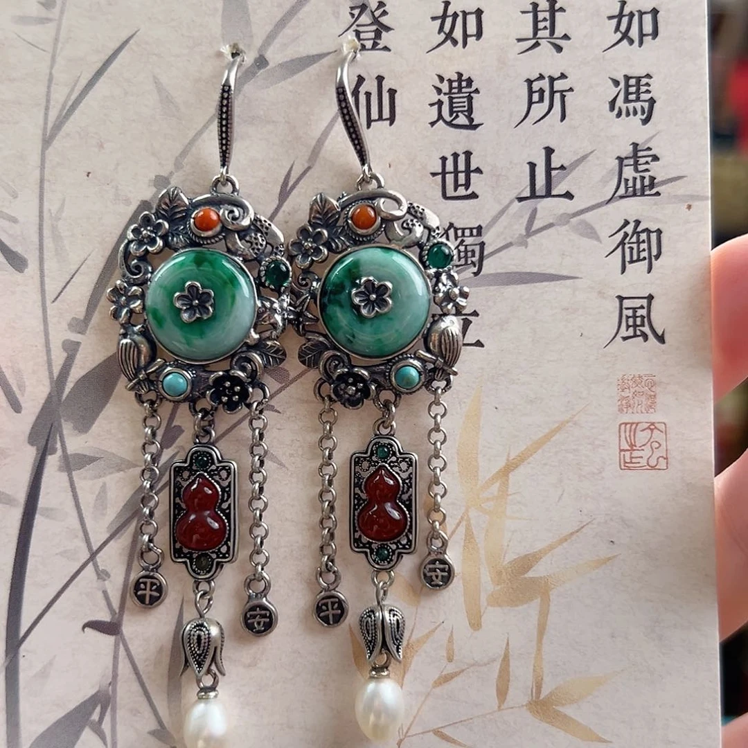 翡翠银S925镶嵌耳饰，
