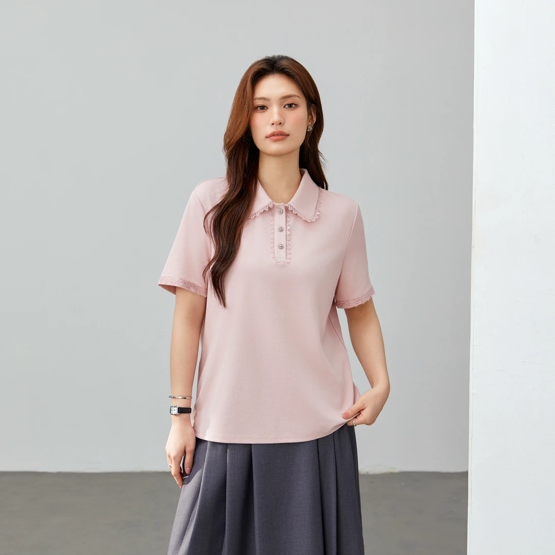 【温柔减龄花边拼接翻领百搭T恤】纤莉秀大码女装休闲短袖QK0806