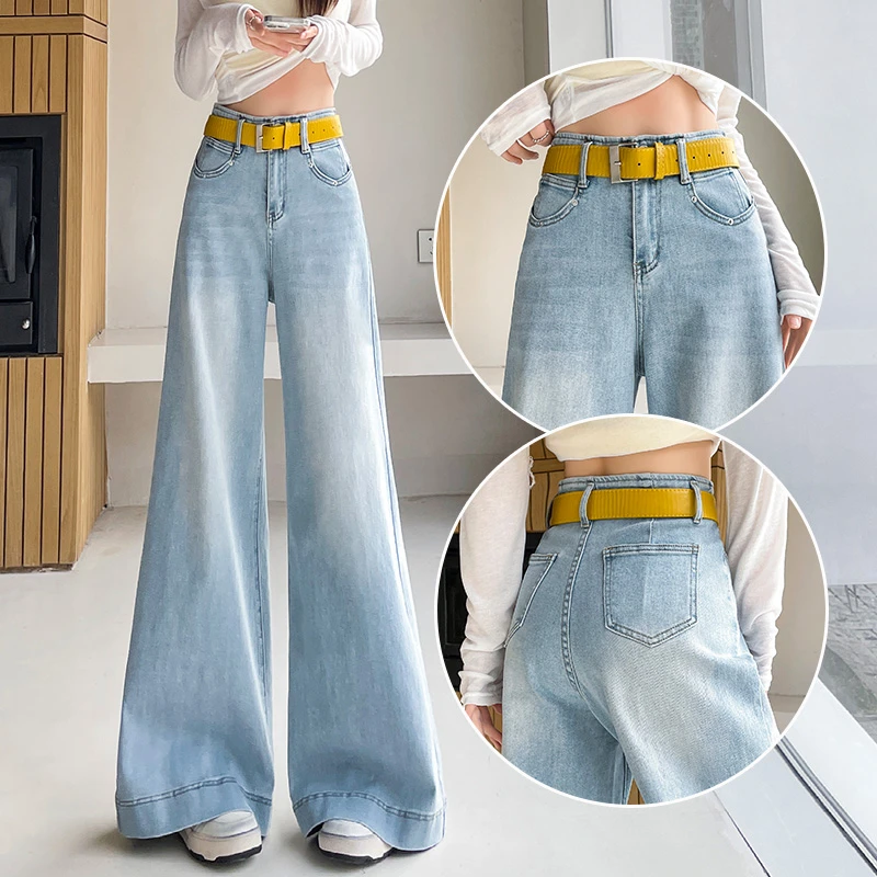 蜜蜜穿搭蓝色阔腿裤女2025小个子微喇裤秋季梨型身材大喇叭牛仔裤