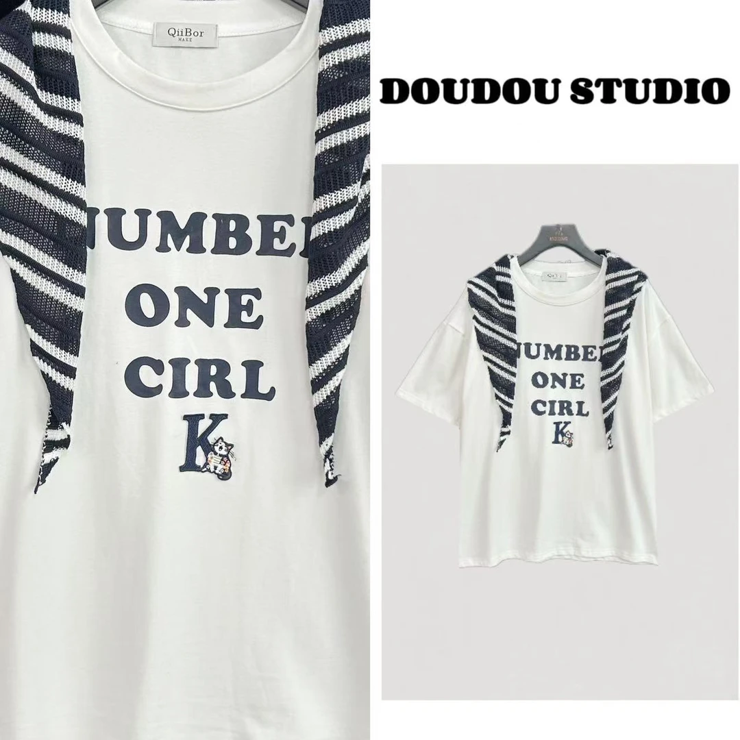【兜兜】小K猫 秋季新款字母印花小刺绣宽松短袖T恤 井1037A