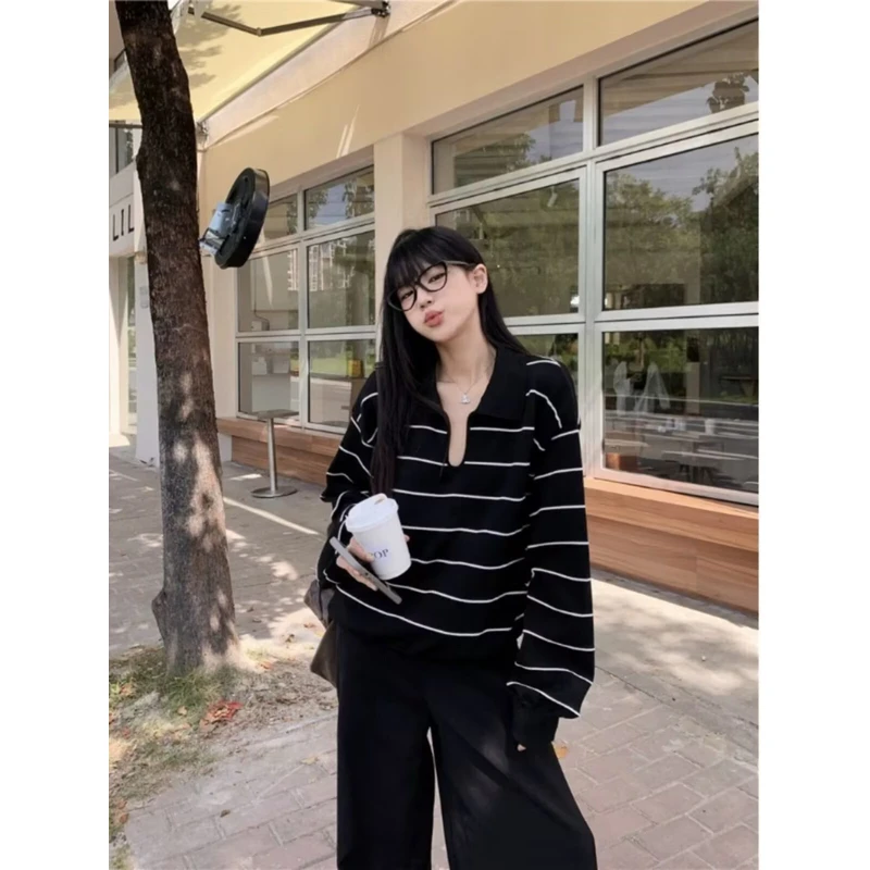 韩系翻领条纹针织衫女秋季新款时尚宽松百搭毛衣慵懒风松弛感上衣