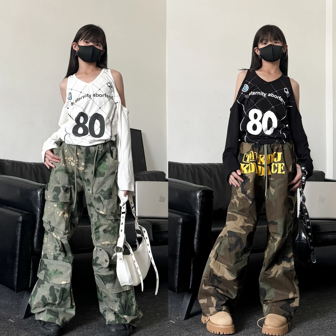 2025春秋新款女童美式露肩宽松T恤帅气迷彩裤套装少儿演出服套装