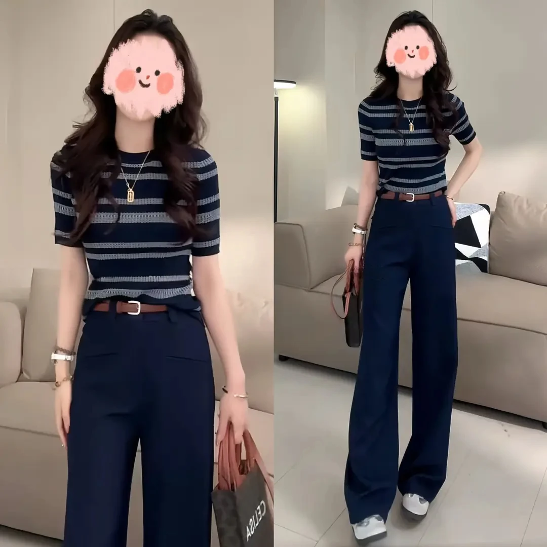 网红洋气炸街女装2025夏季撞色条纹短袖针织上衣百搭休闲裤套装女