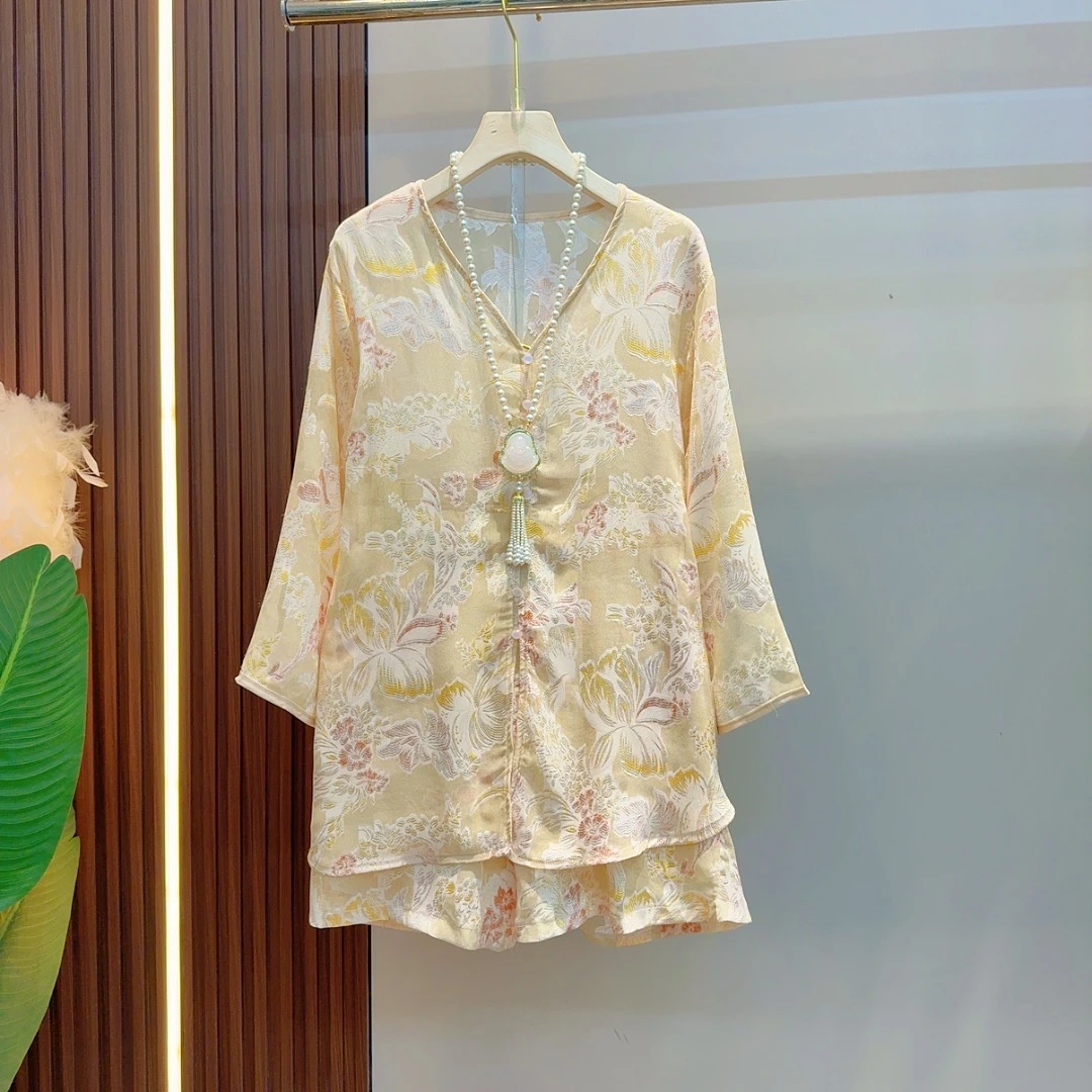 欧洲站夏季中式国风高级外套上衣衬衫印花短裤新款时尚套装8127