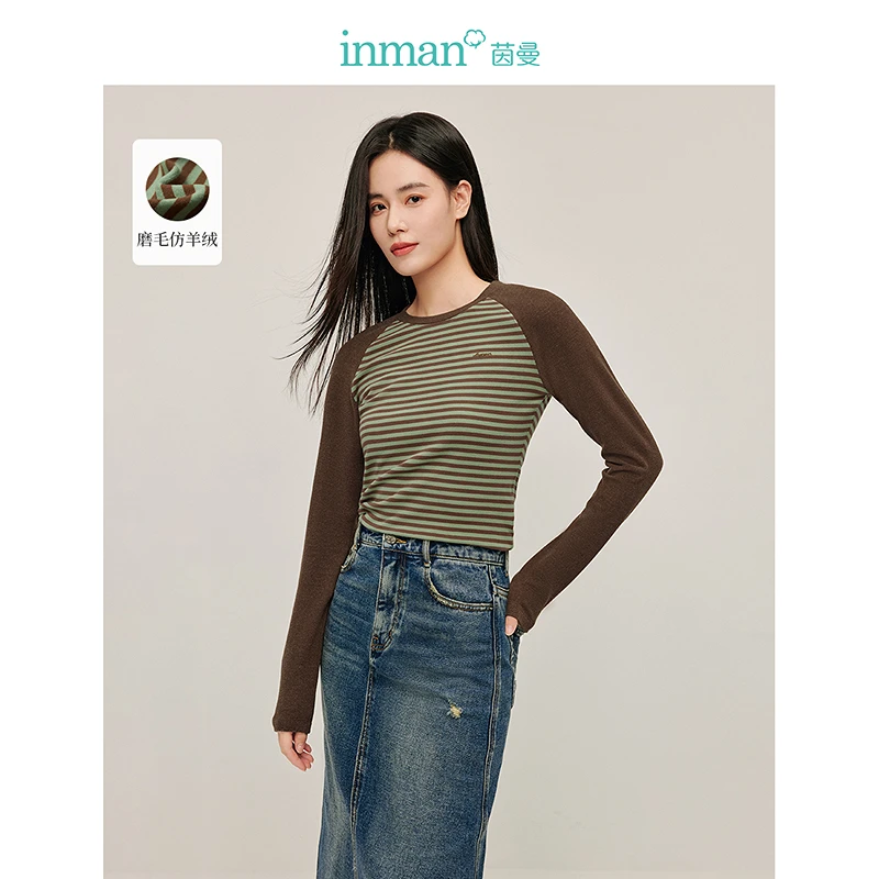 【茵曼服饰】茵曼磨毛仿羊绒圆领T恤拼色插肩袖复古上衣18448254