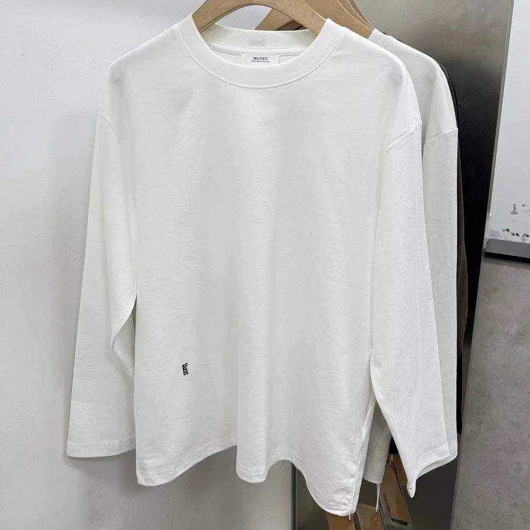 【加厚打底】秋冬季磨毛重磅纯色小刺绣长袖男宽松纯棉打底T恤上衣